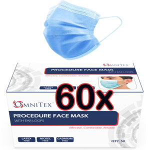 Cajón de 60 Cajas OMNITEX de 50 Mascarillas - Tipo IIR Grado Medico (Azul) (Embalaje del fabricante)