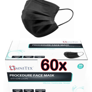 Cajón de 60 Cajas OMNITEX de 50 Mascarillas - Tipo IIR Grado Medico (Negra) (Embalaje del fabricante)